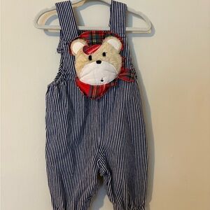 Vintage Striped Blue Overalls with Bear Design 6/9M